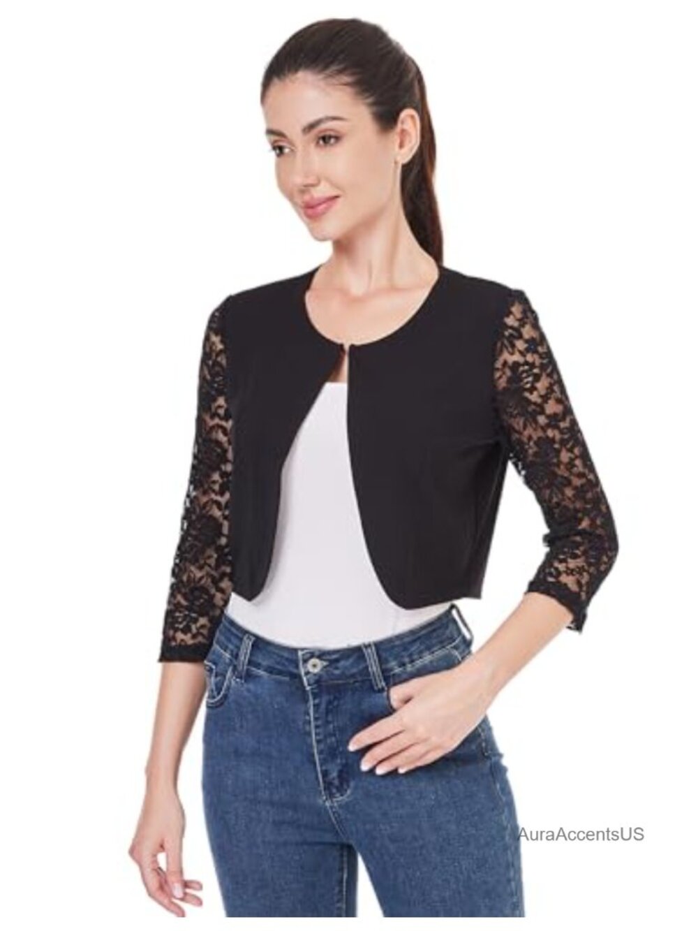 3/4 Sleeve Sheer Floral Lace Cropped Shrug Top